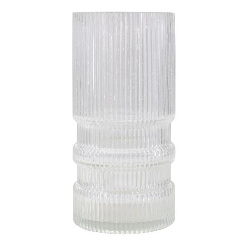 Ribbed Cylindrical Clear Glass Vase, 10″