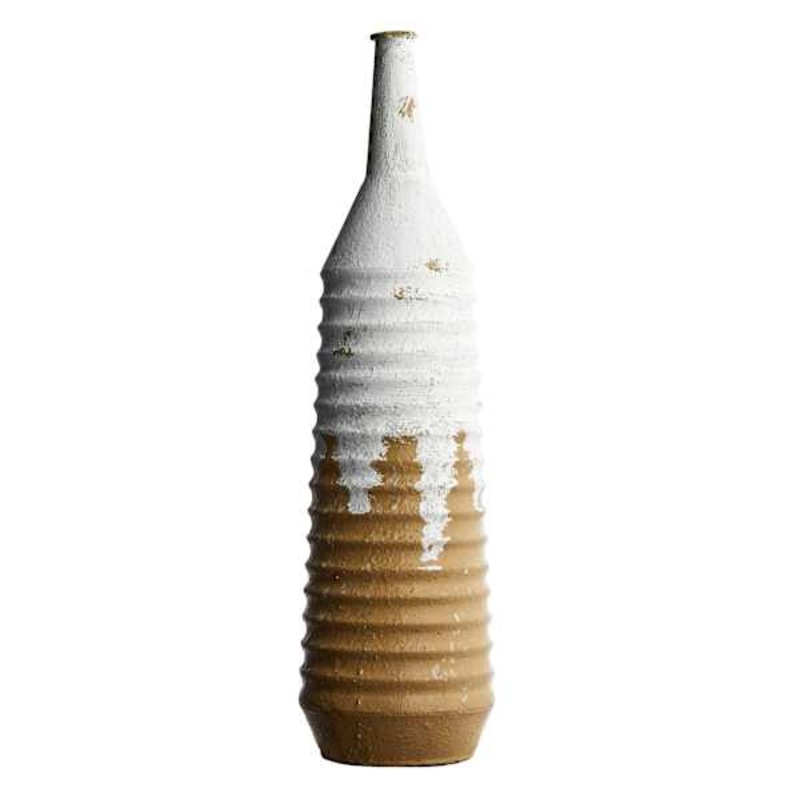 White & Tan Ribbed Metal Vase, 16″