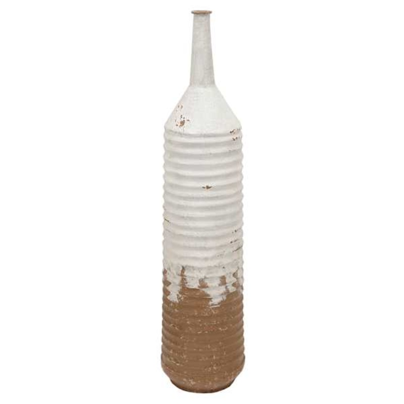 White & Tan Ribbed Metal Vase, 22″