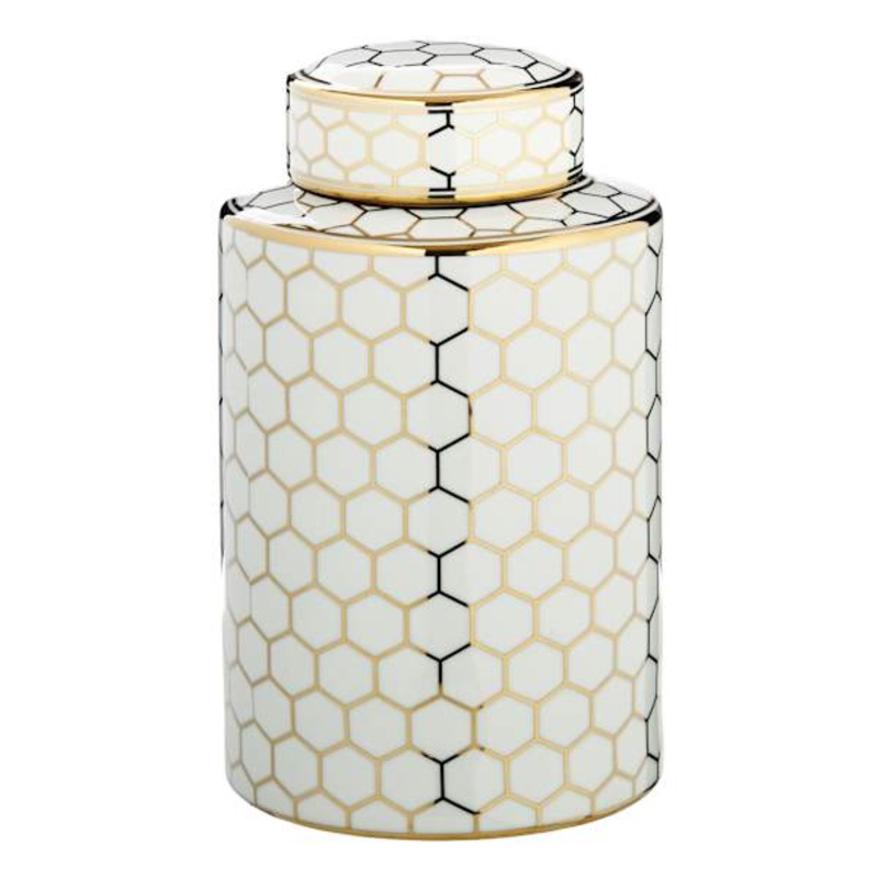 Gold Ceramic Honeycomb Jar with Lid, 12″