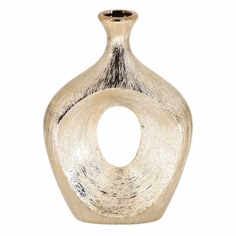 Scratched Metallic Champagne Oval Cut-Out Vase, 13″
