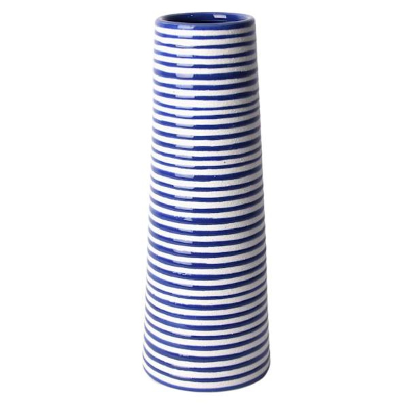 Tracey Boyd Blue & White Tapered Striped Ceramic Vase, 12″