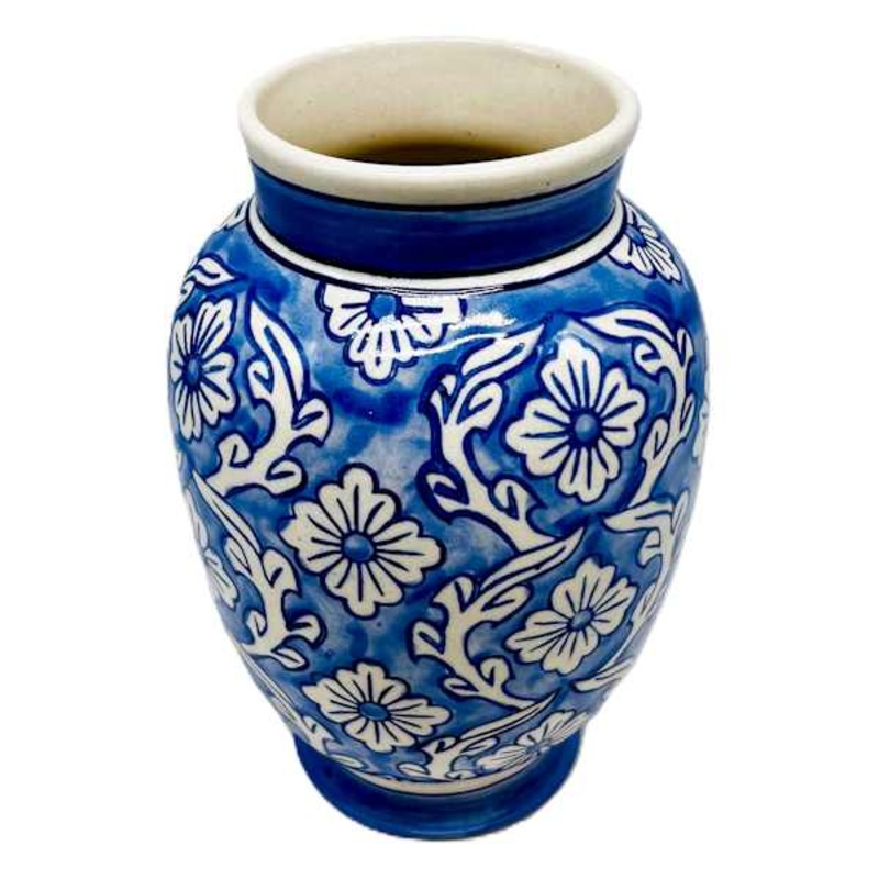 9” Blue Floral Handpaint Floral Ceramic Vase