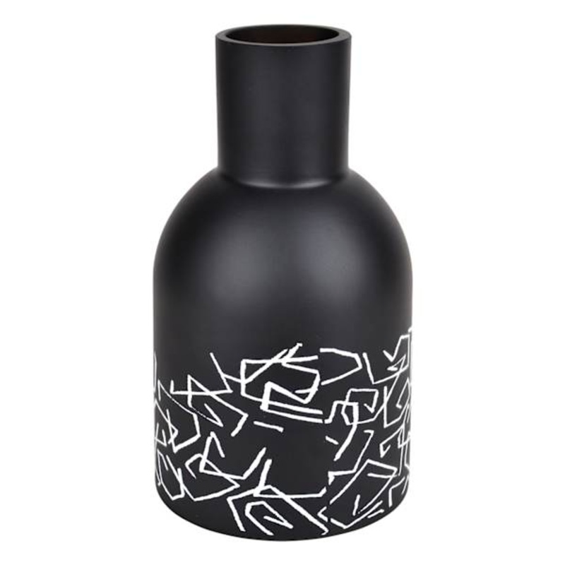 Black Abstract Printed Glass Vase, 7″