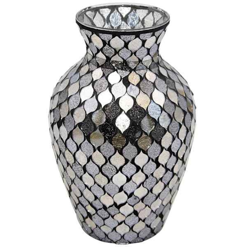 Black & Grey Mosaic Glass Vase, 12.5″
