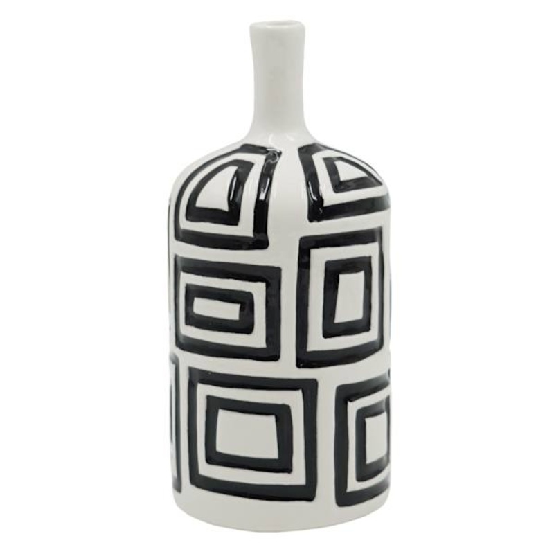 Black & White Geometric Design Ceramic Vase, 8″