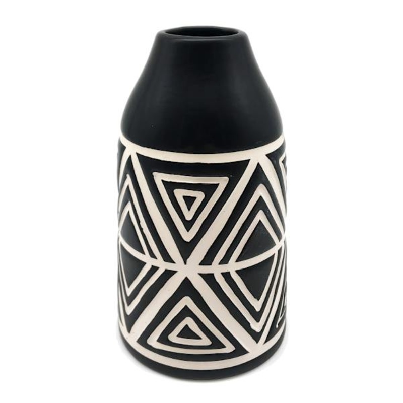 Black & White Patterned Ceramic Vase, 7″