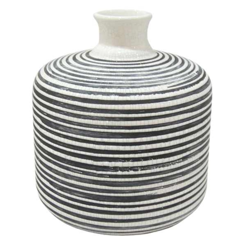 Black & White Striped Ceramic Vase, 8″