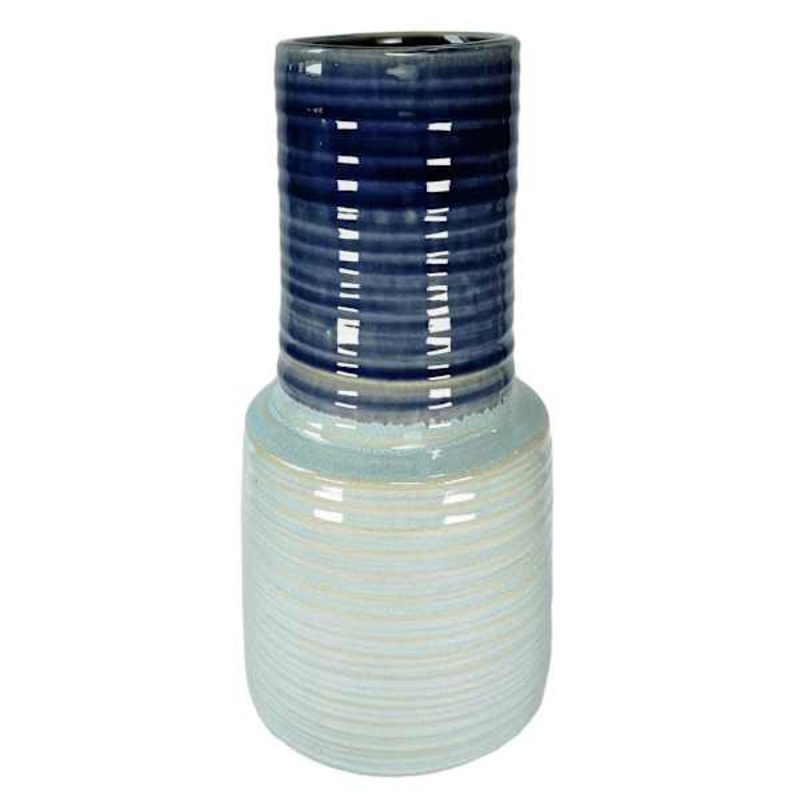Blue Reactive Glaze Ribbed Ceramic Vase, 13″