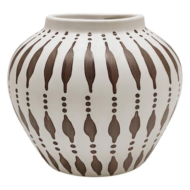 Tracey Boyd White & Tan Tribal Round Vase, 6.5″