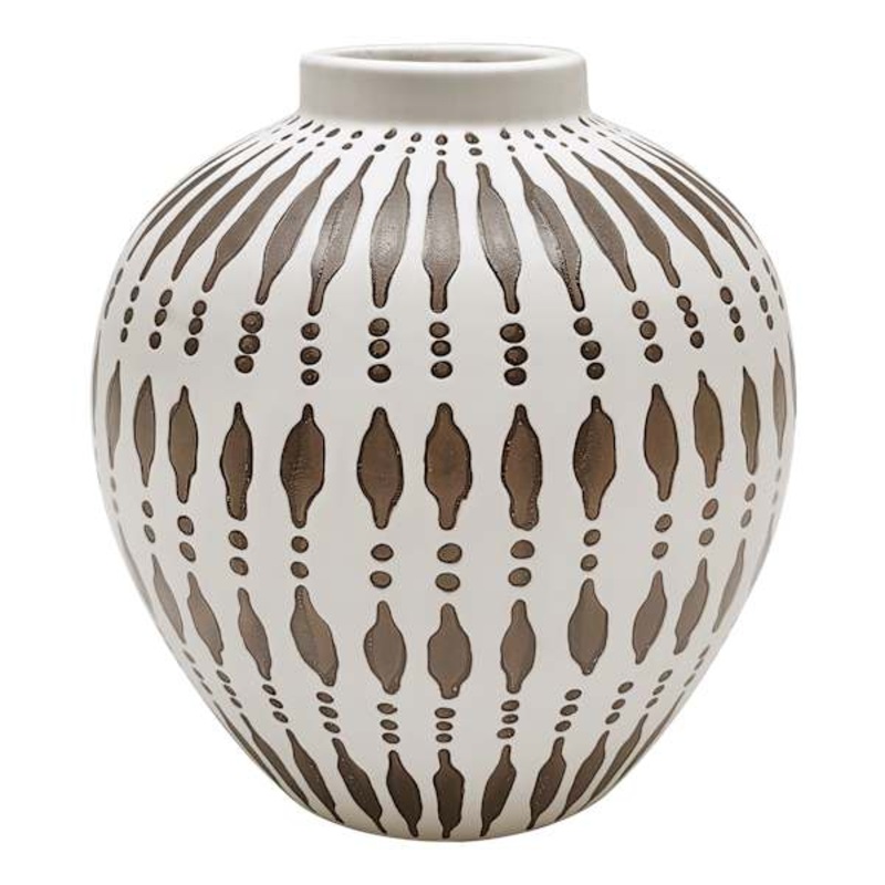 Tracey Boyd White & Tan Tribal Round Vase, 9.4″