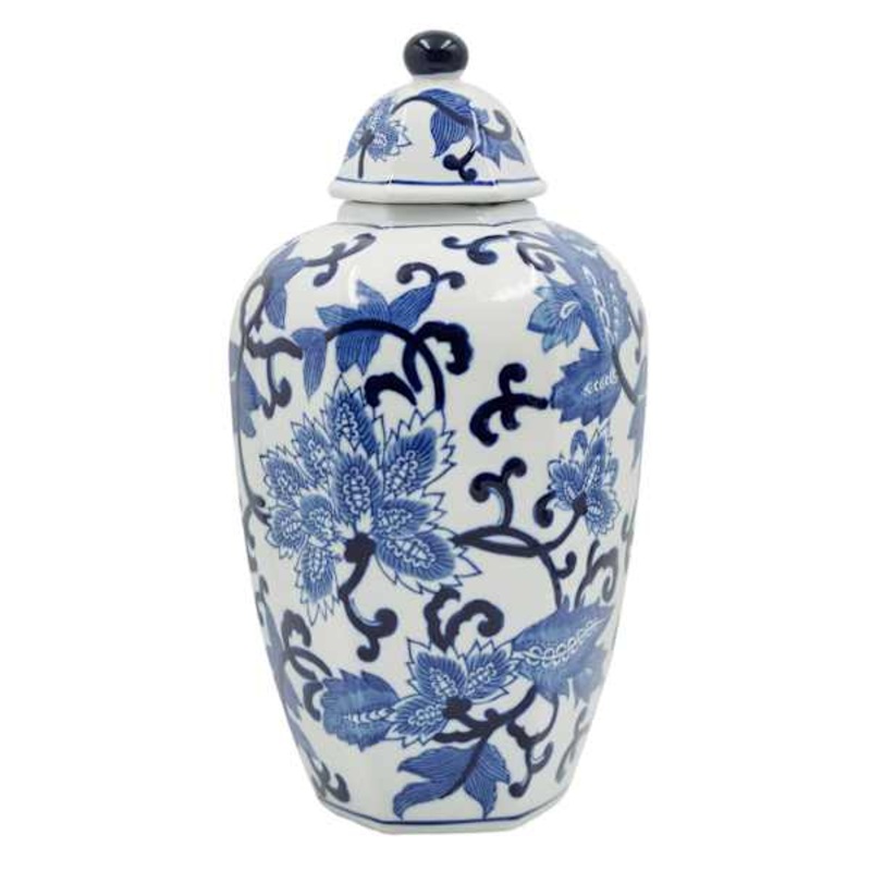 White and Blue Floral Jar with Lid, 14.5″