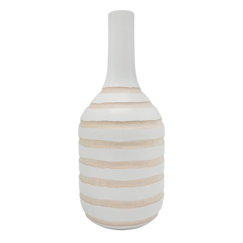 White Carved Stripe Wood Vase, 16″