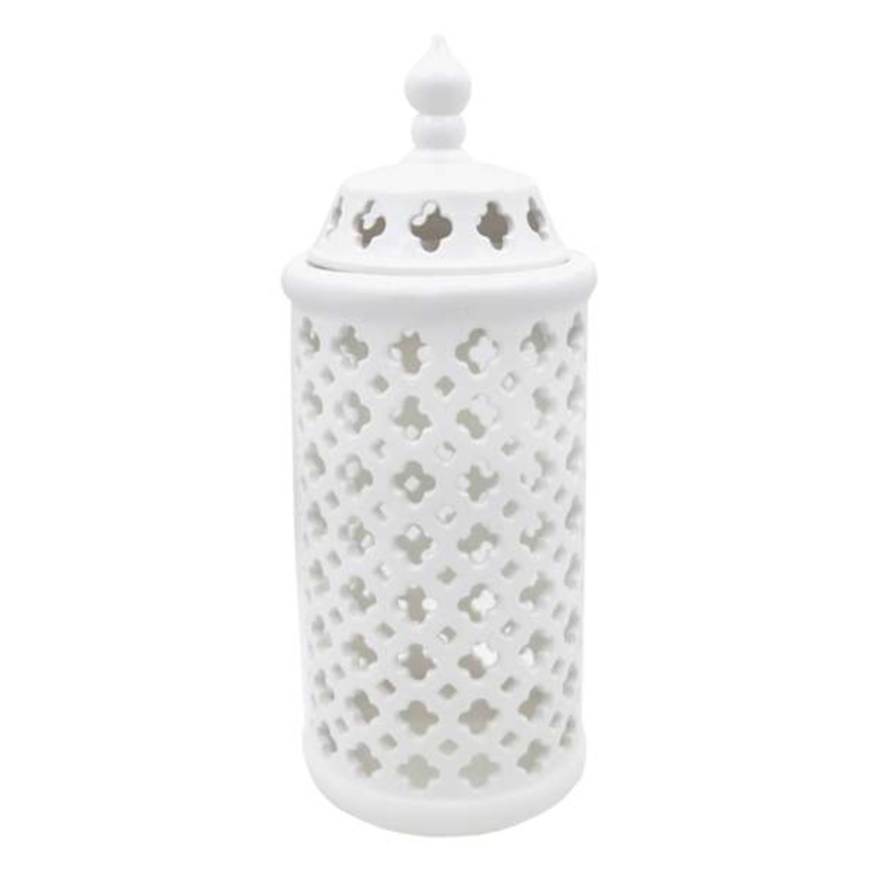 White Ceramic Cutout Cylinder, 15″