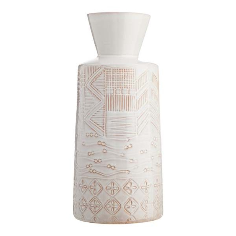 White Ceramic Tribal Vase, 12.5″