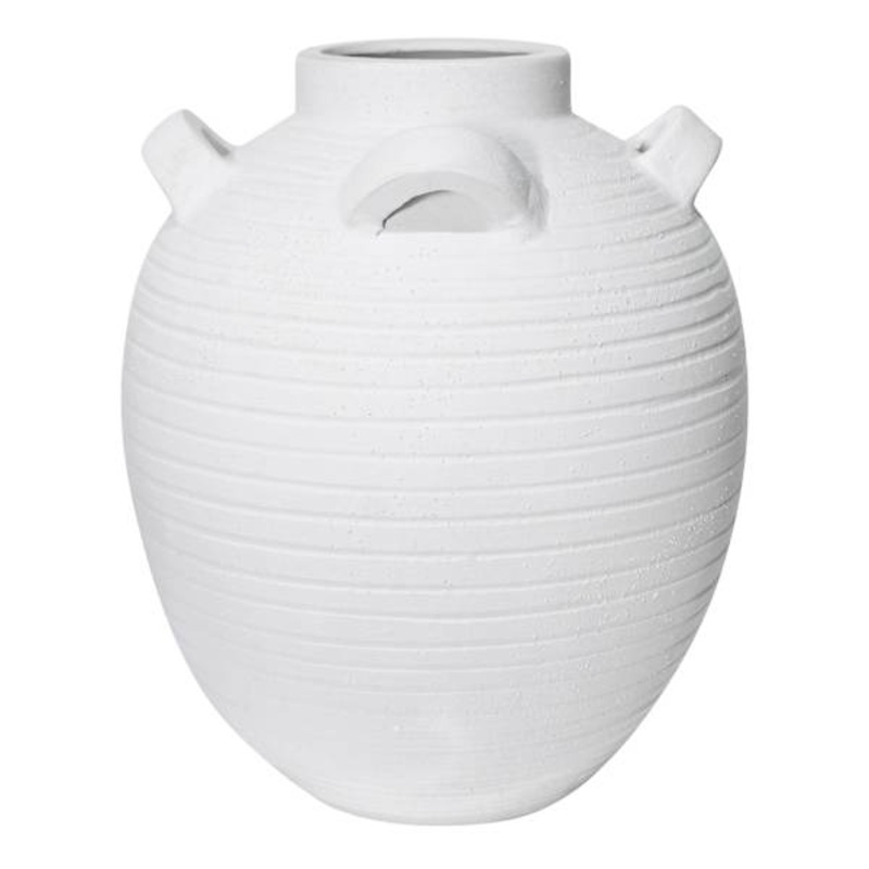 White Ceramic Vase with Handles, 11.8″