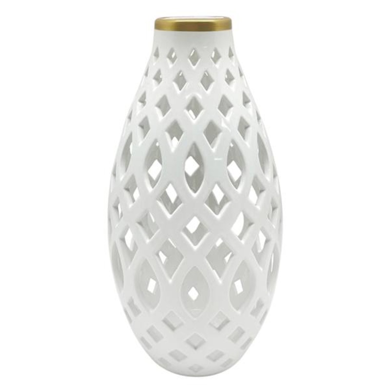White Cutout Ceramic Vase, 11.8″