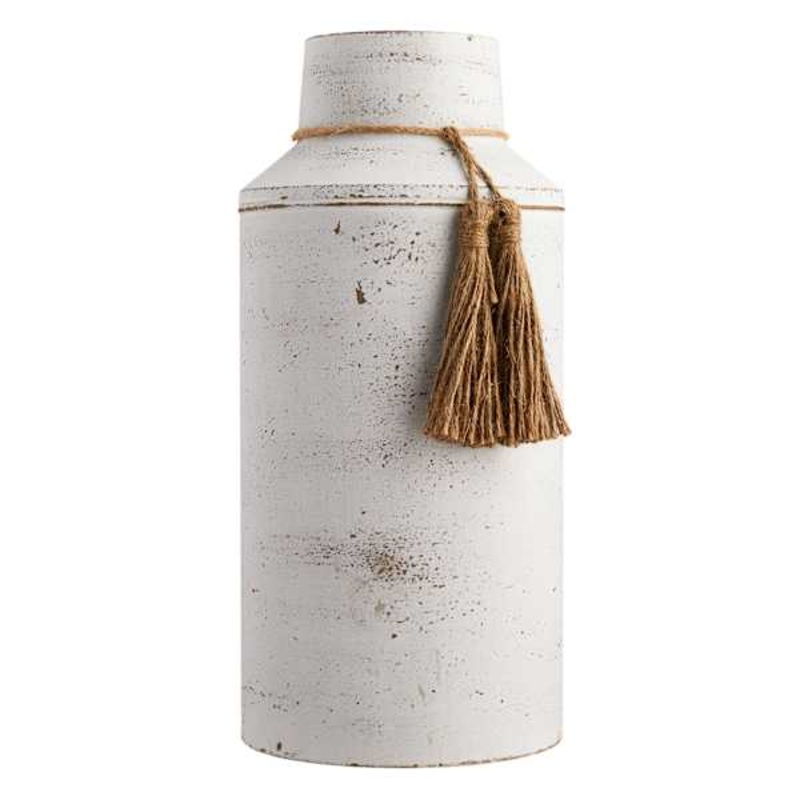 White Tassel Metal Vase, 13.5″