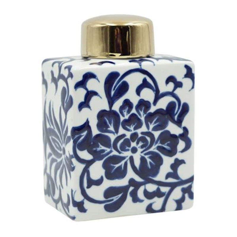 Blue Ceramic Floral Jar with Golden Lid, 7″
