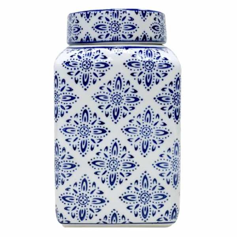 Blue Floral Ceramic Jar with Lid, 8″