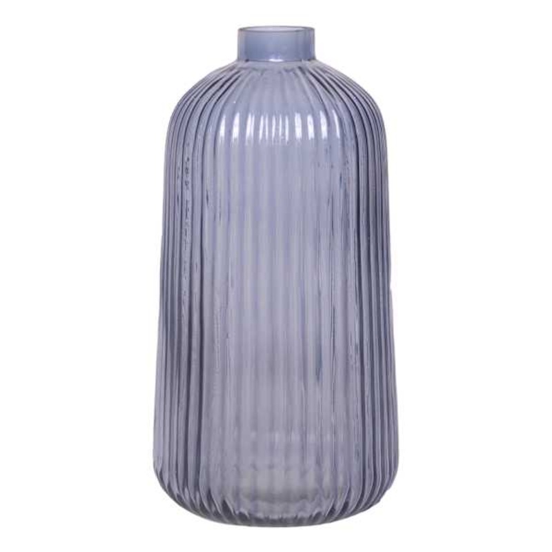 Blue Ribbed Narrow Opening Vase, 8.5″