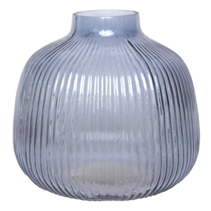 Blue Round Ribbed Glass Vase, 6″