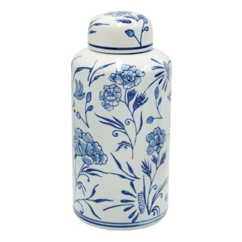 Blue & White Floral Ceramic Jar with Lid, 11″