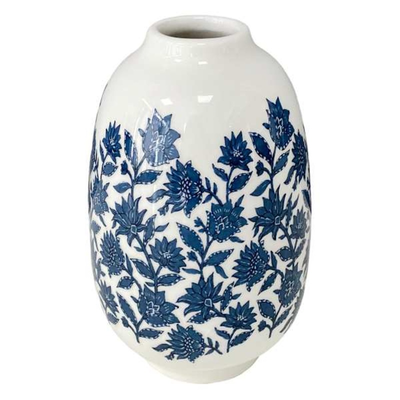 Blue & White Floral Design Vase, 7″
