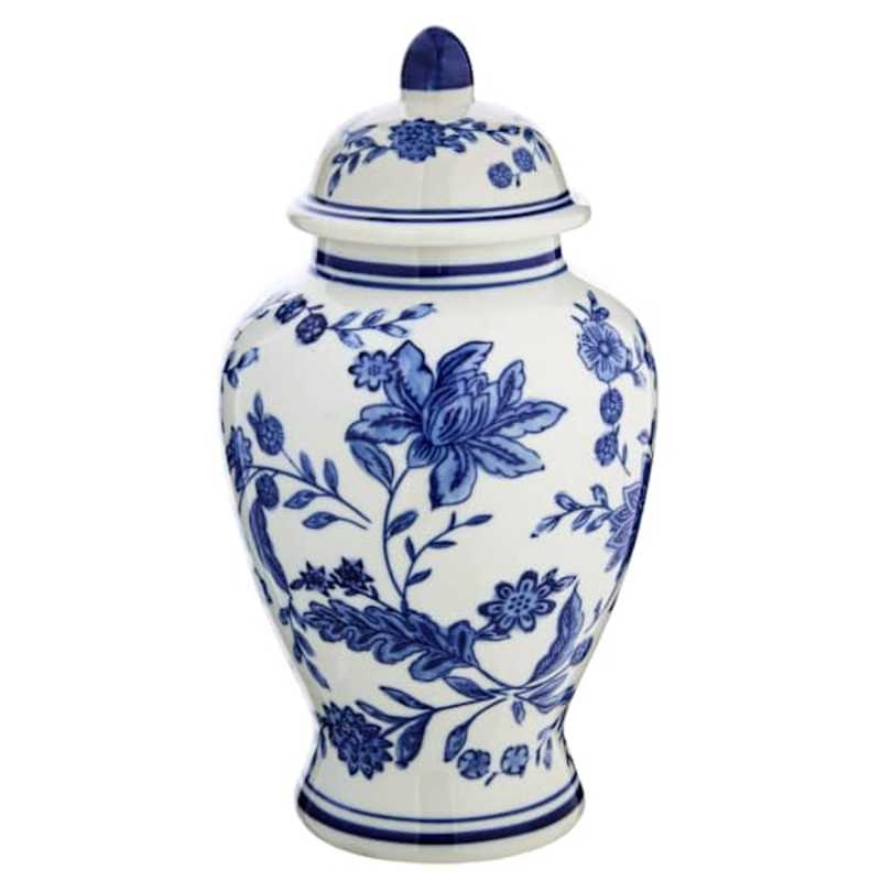 Blue & White Floral Porcelain Jar, 11″