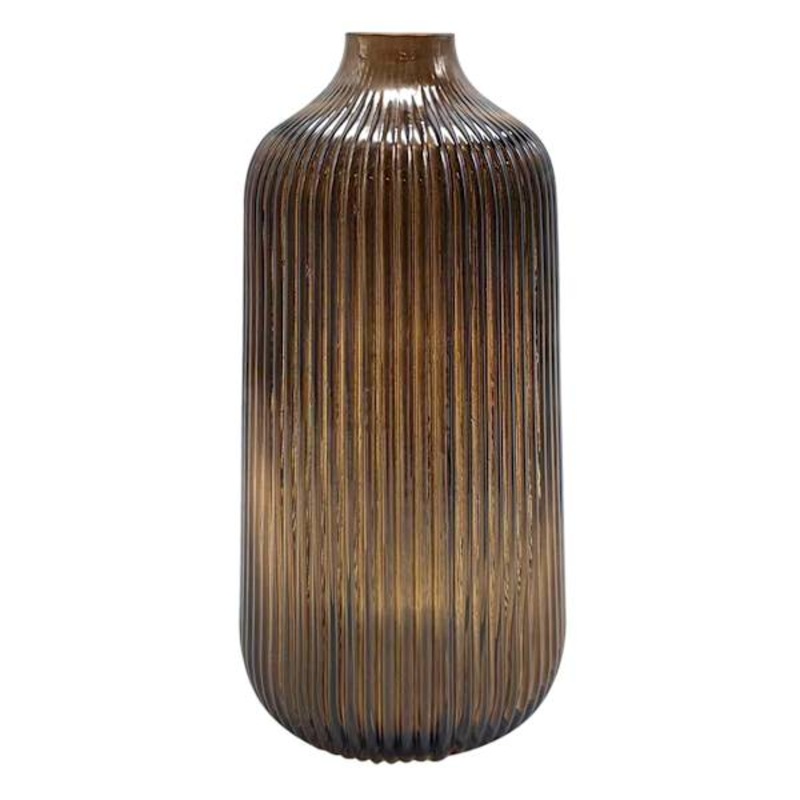 Brown Ribbed Glass Vase, 8″