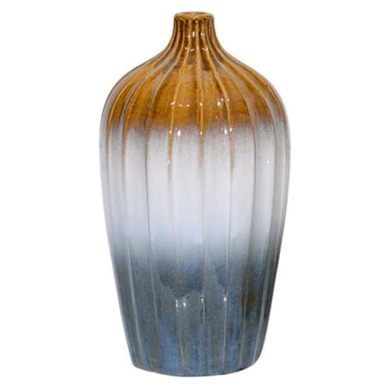 Brown, White, & Blue Ceramic Decorative Vase, 11.8″