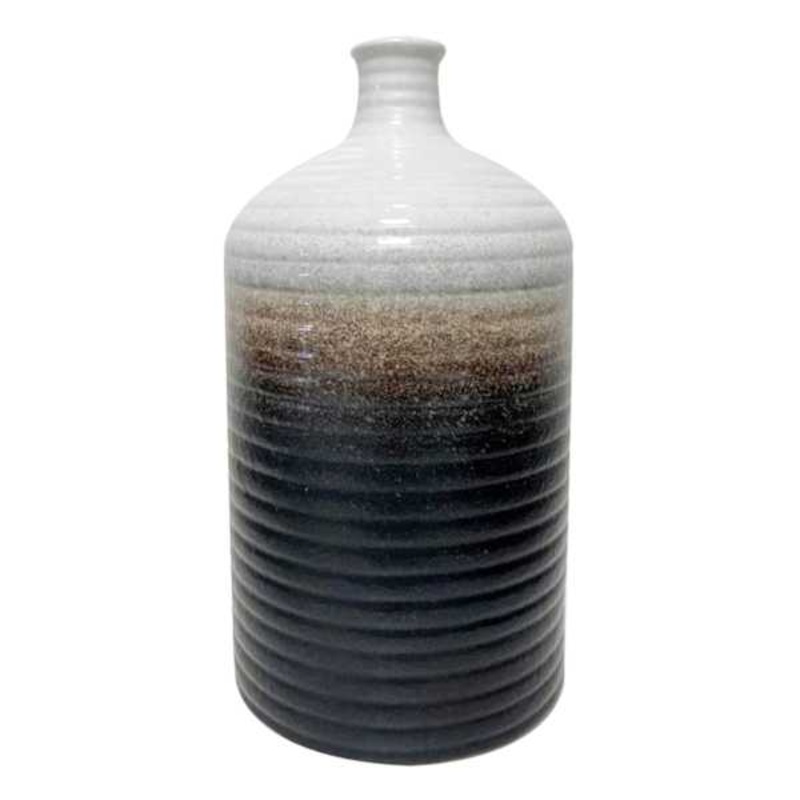 Brown & White Ribbed Jug Vase, 9″