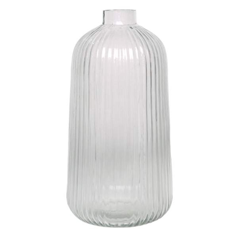 Clear Ribbed Narrow Opening Vase, 8.5″