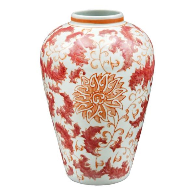 Coral Chinoiserie Porcelain Vase, 7×10