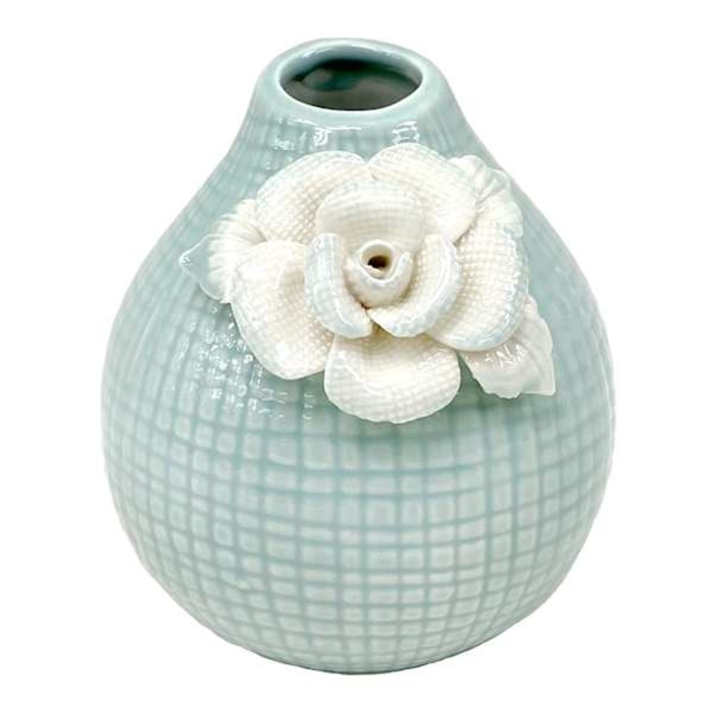 Blue Etched Ceramic Bud Vase with White Flower, 6″