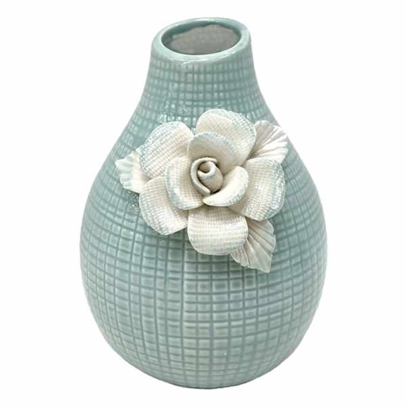 Blue Etched Floral Ceramic Vase, 4″