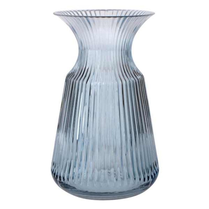 Blue Ribbed Glass Vase, 8.5″