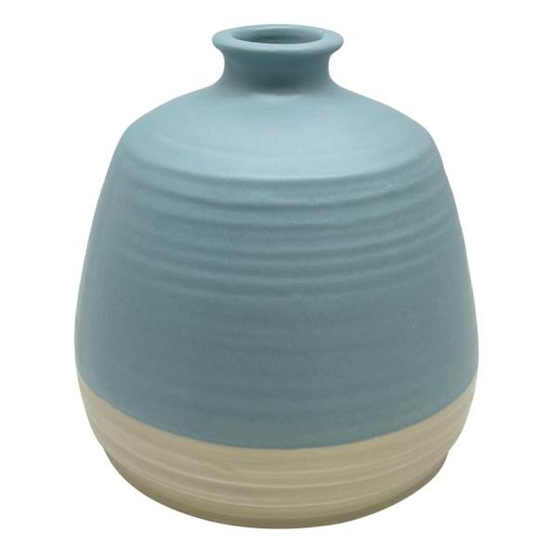 Blue & Tan Wide Bottle Ceramic Vase, 5.5″