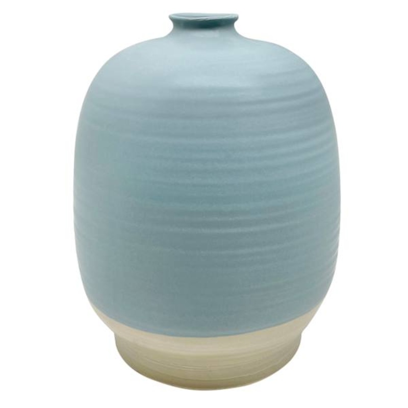 Blue & Tan Wide Bottle Ceramic Vase, 7″
