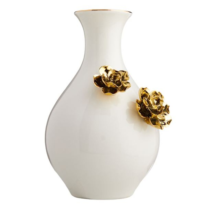 Gold Flower Narrow Mouth Ceramic Vase, 10″