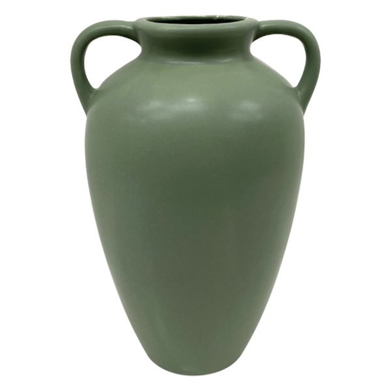 Green Ceramic Vase with Handles, 10.5″