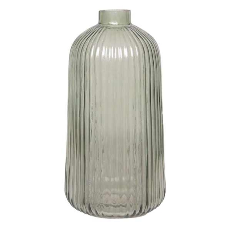 Green Ribbed Narrow Opening Vase, 8.5″