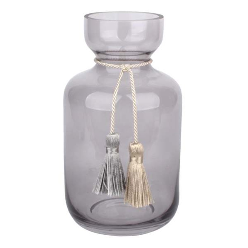 Grey Glass Vase with Tassels, 7″