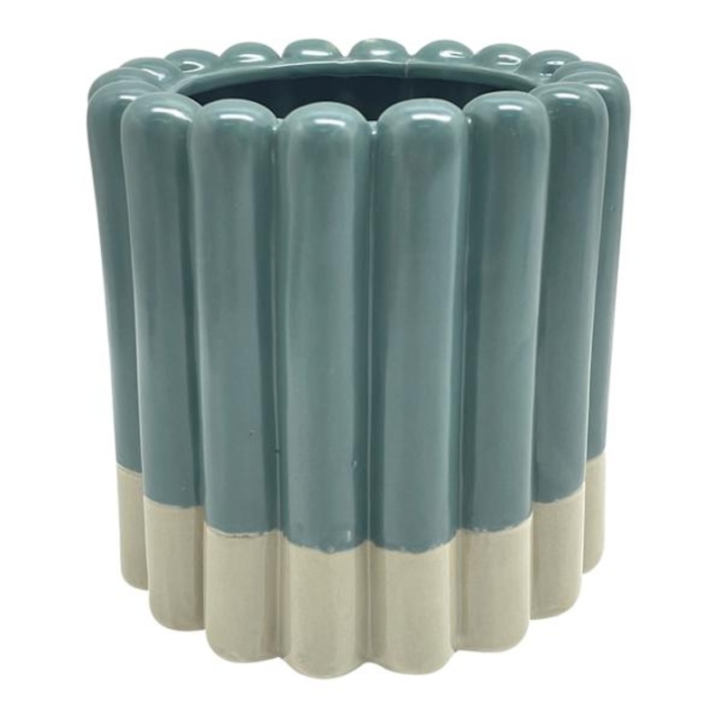 Teal Ribbed Ceramic Vase, 7″