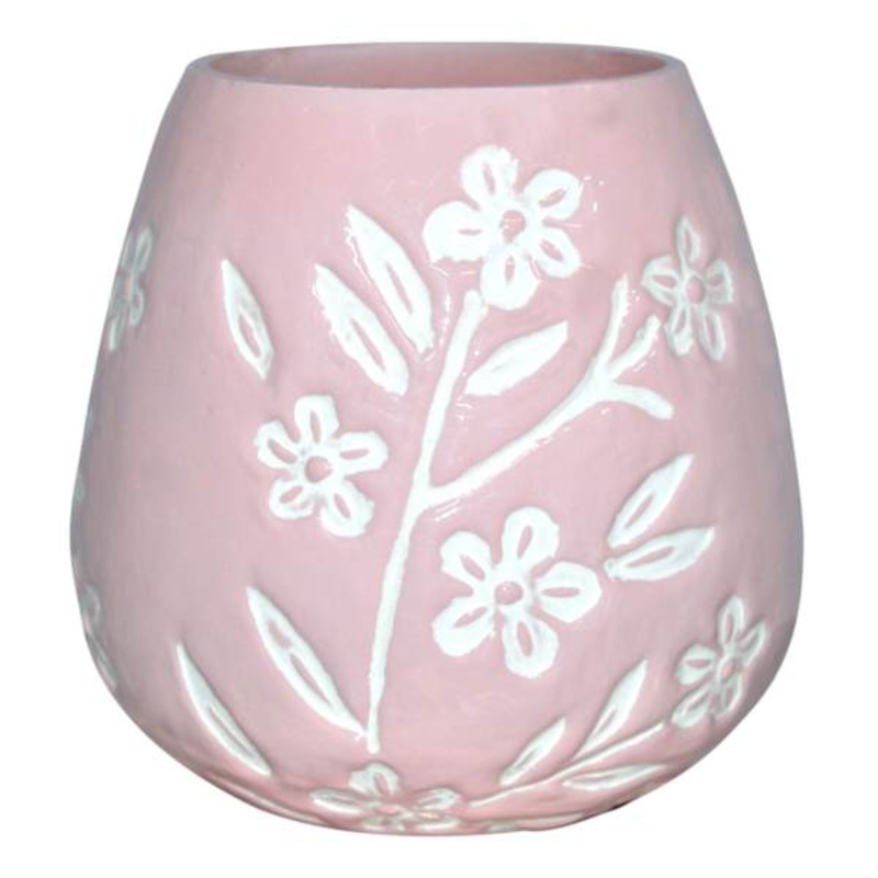 White Floral Pink Glass Vase, 6″