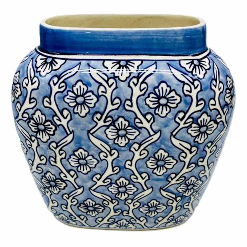 Light Blue Hand Painted Floral Ceramic Vase, 10.25”