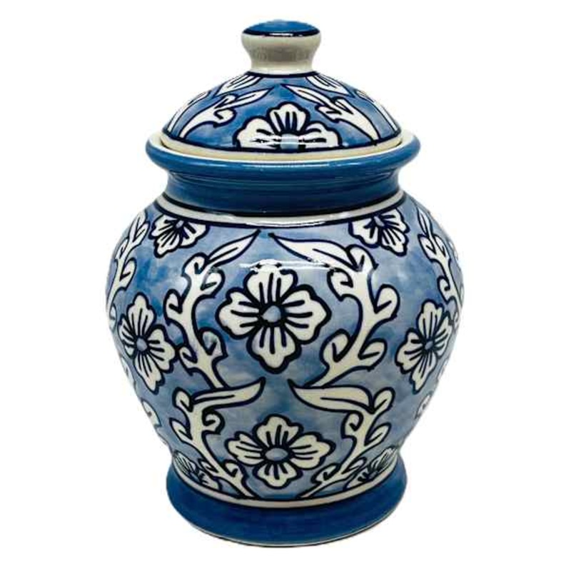 Light Blue Handpainted Floral Ceramic Ginger Jar, 7.5″