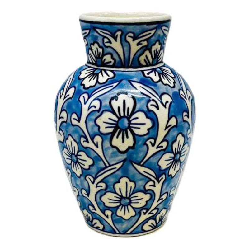 Light Blue Handpainted Floral Ceramic Vase, 6.7”