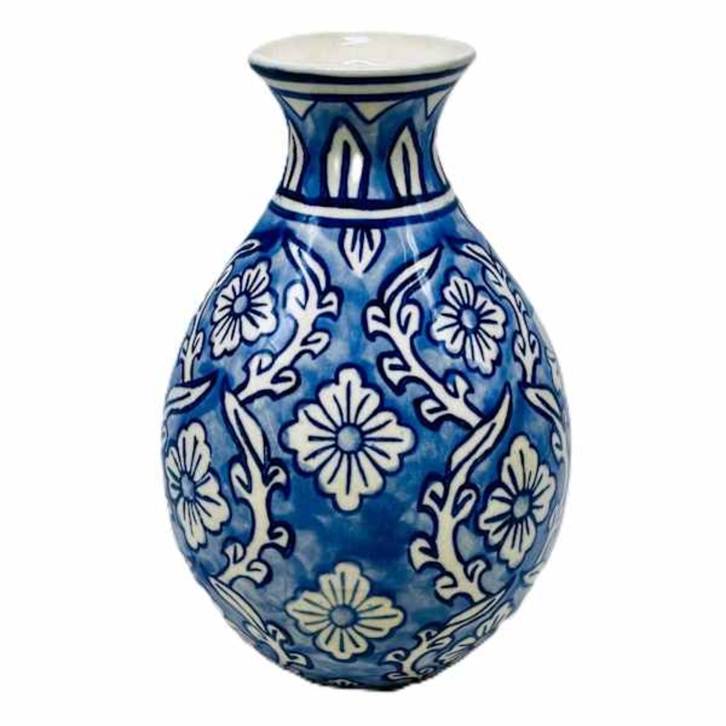 Light Blue Handpainted Floral Ceramic Vase, 8.7″