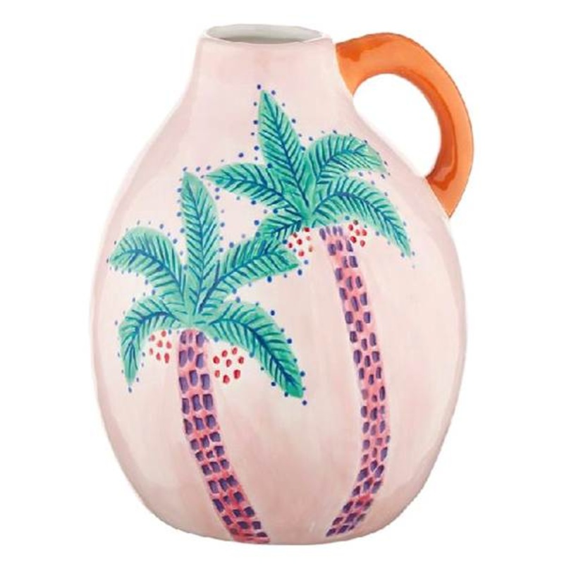 Light Pink Handpainted Ceramic Palm Tree Vase with Handle, 7.68″